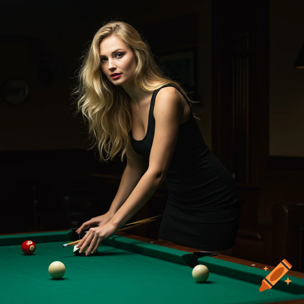 Blonde woman playing pool, chalking her cue