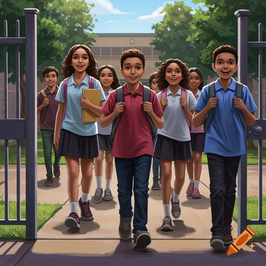 Diverse middle school students with backpacks walking through a school gate.