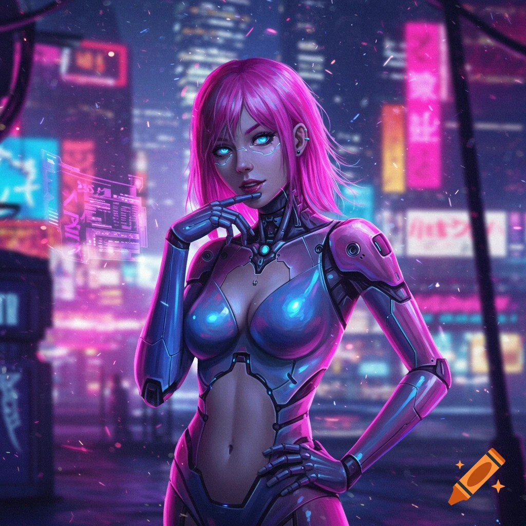 A chrome core cyborg girl in a neon cyberpunk city.