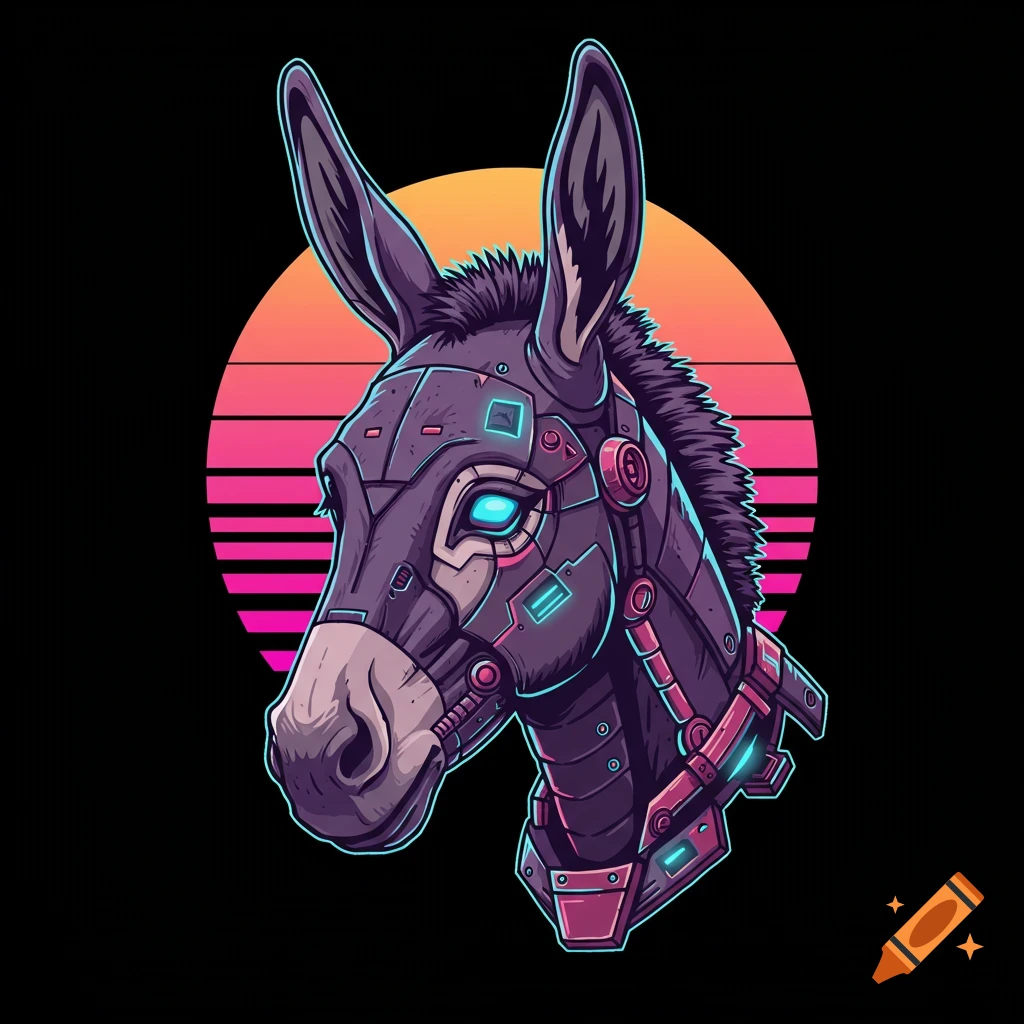Vector graphic bust of a cybernetic donkey against a vaporwave sunset background.