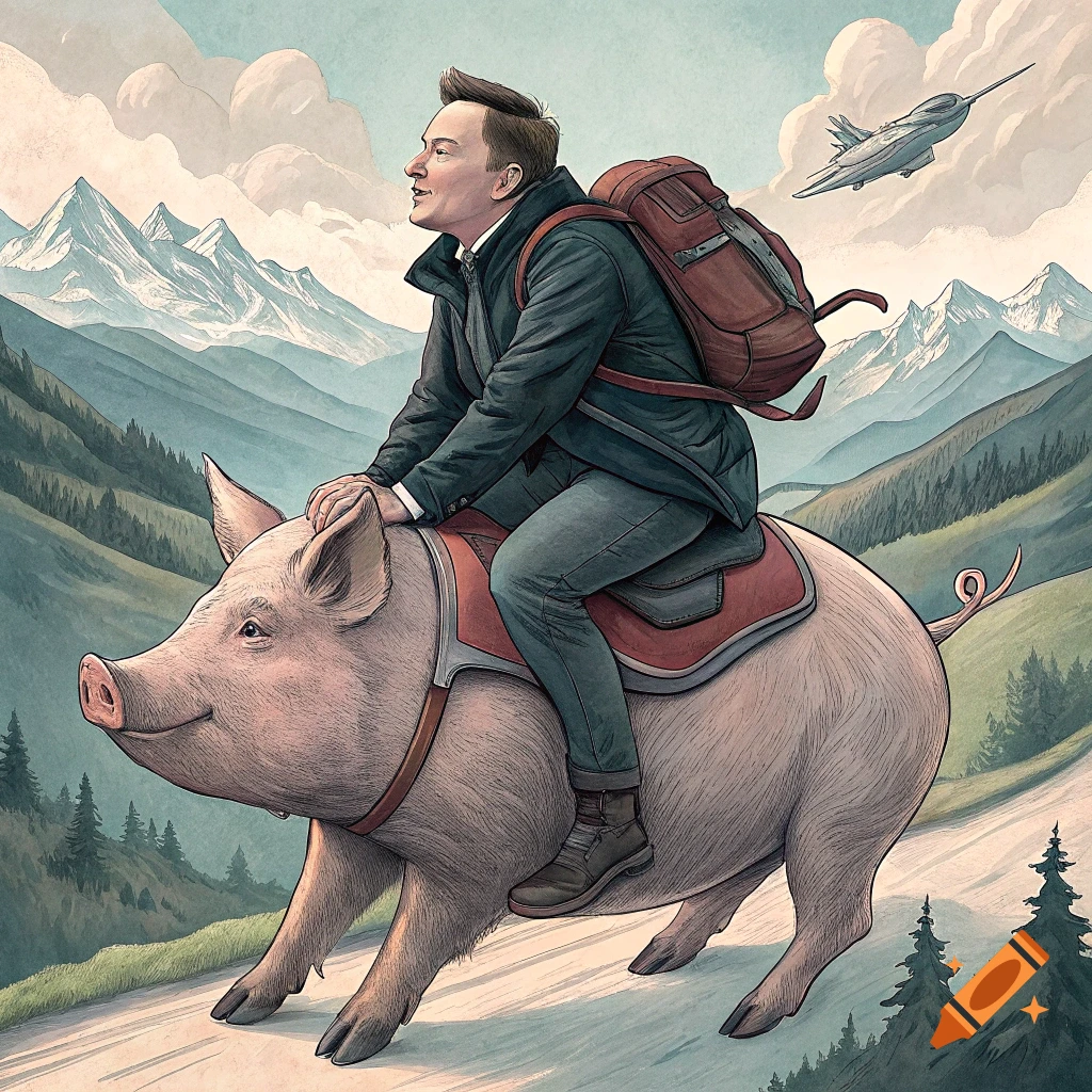 Elon Musk rides a pig along a mountain road with a jet flying overhead, illustration