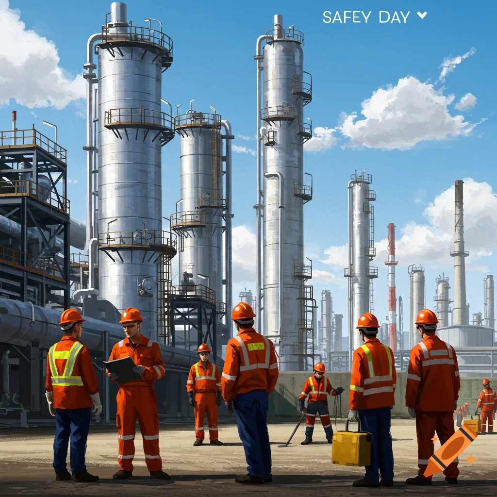 Workers in a refinery on safety day