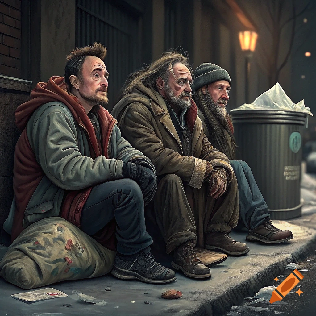 Three homeless men sit on a cold city street curb next to a trash can and a bag.