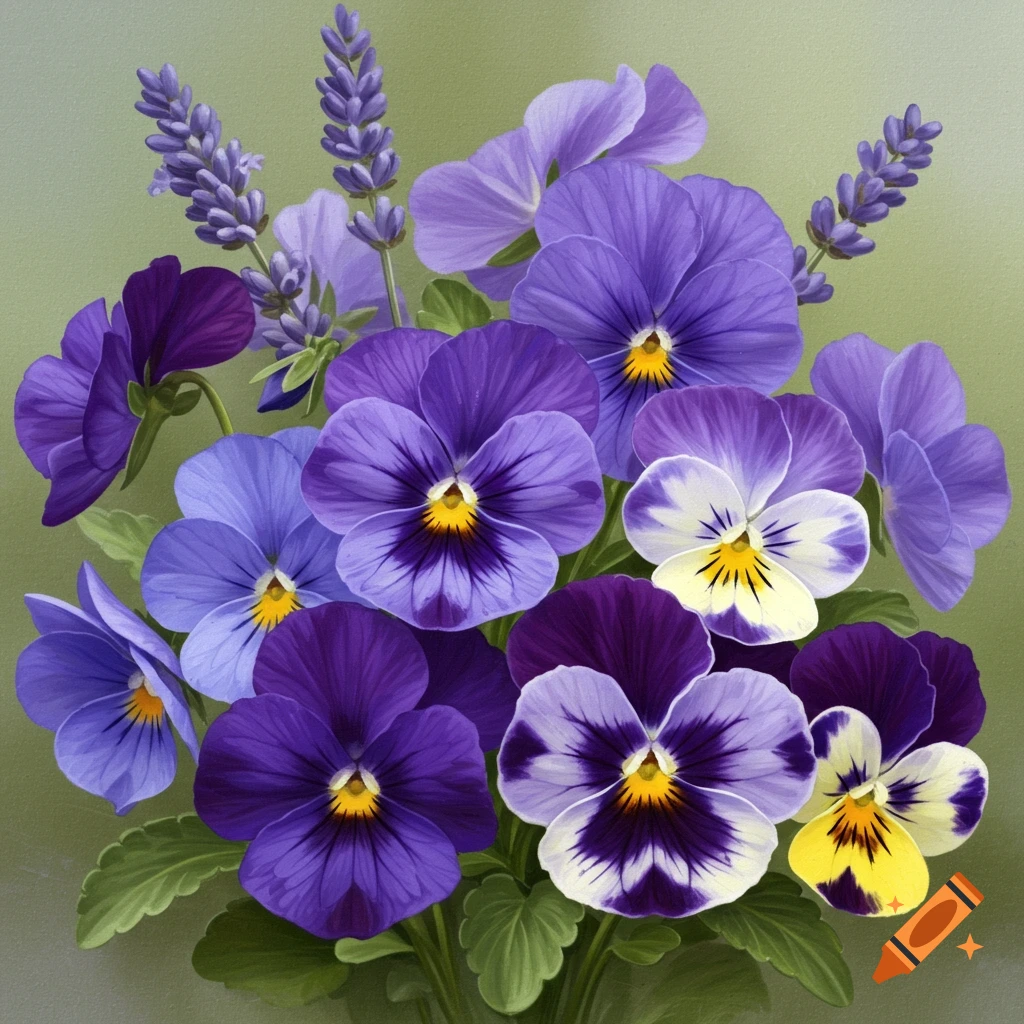 A bouquet of purple and white pansies and lavender.