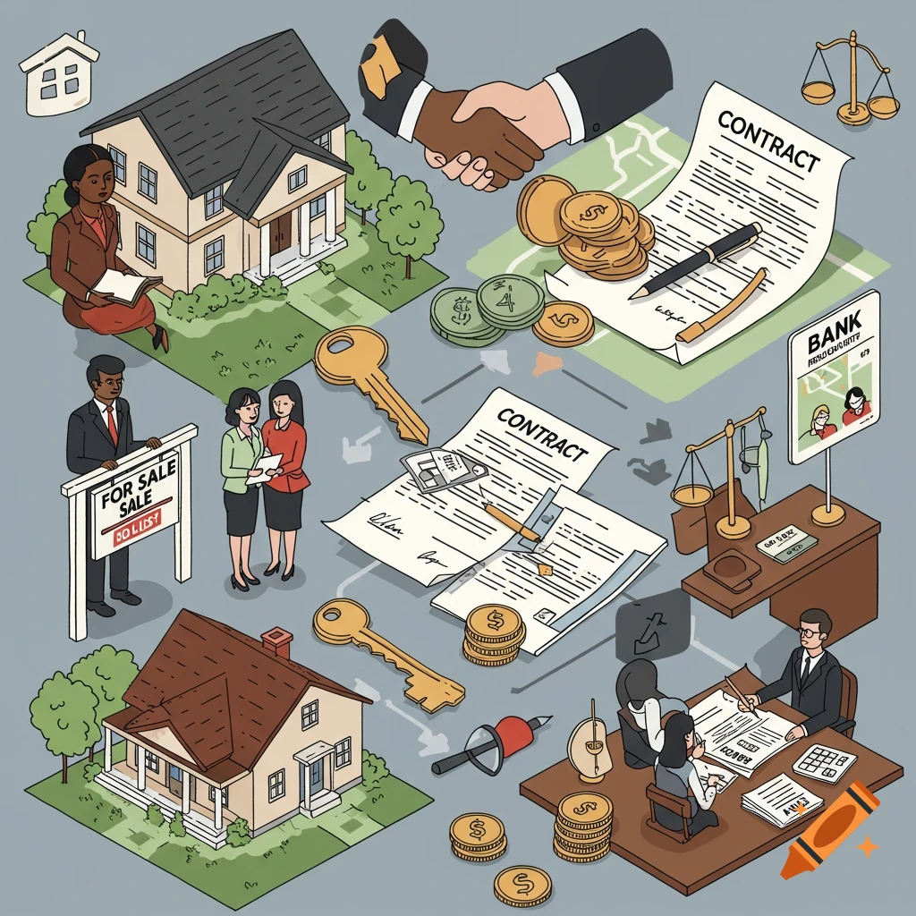 Isometric illustration of real estate process with houses, people, contracts, keys, money, and handshake.