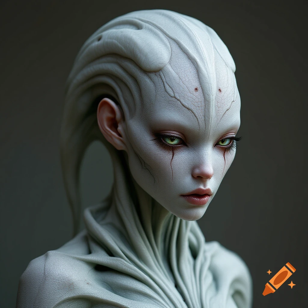 Close-up bust of a pale alien creature with green eyes and sculpted head, realistic style.