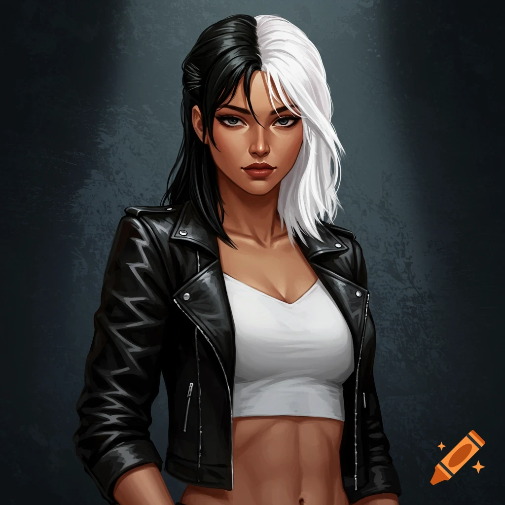 A woman with split black and white hair is wearing a leather jacket and crop top.