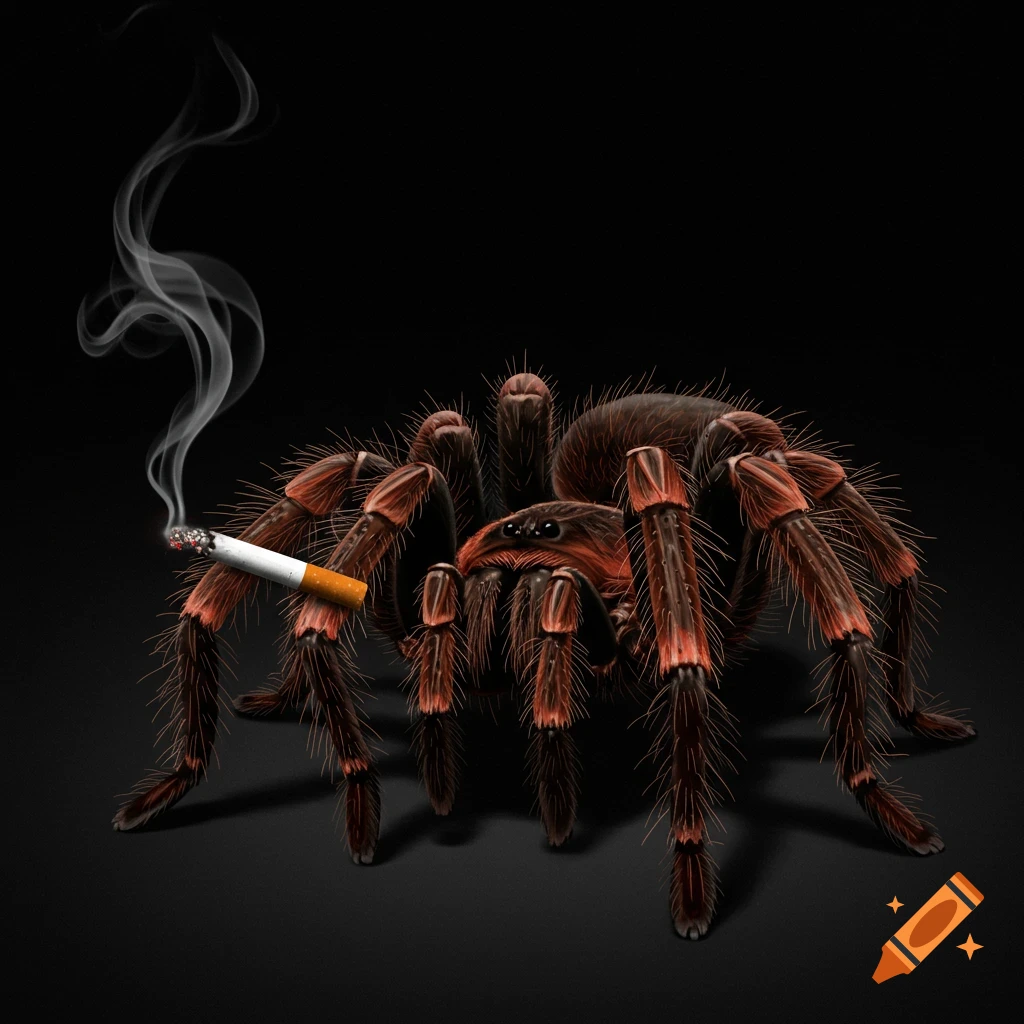 A detailed illustration of a tarantula-like spider holding and smoking a cigarette on a dark background.