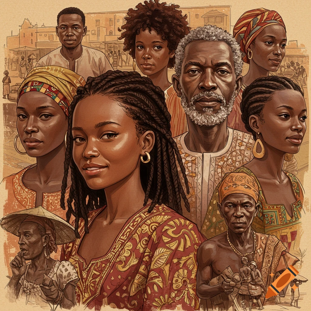Portraits of diverse Black people in traditional clothing against an old village background.
