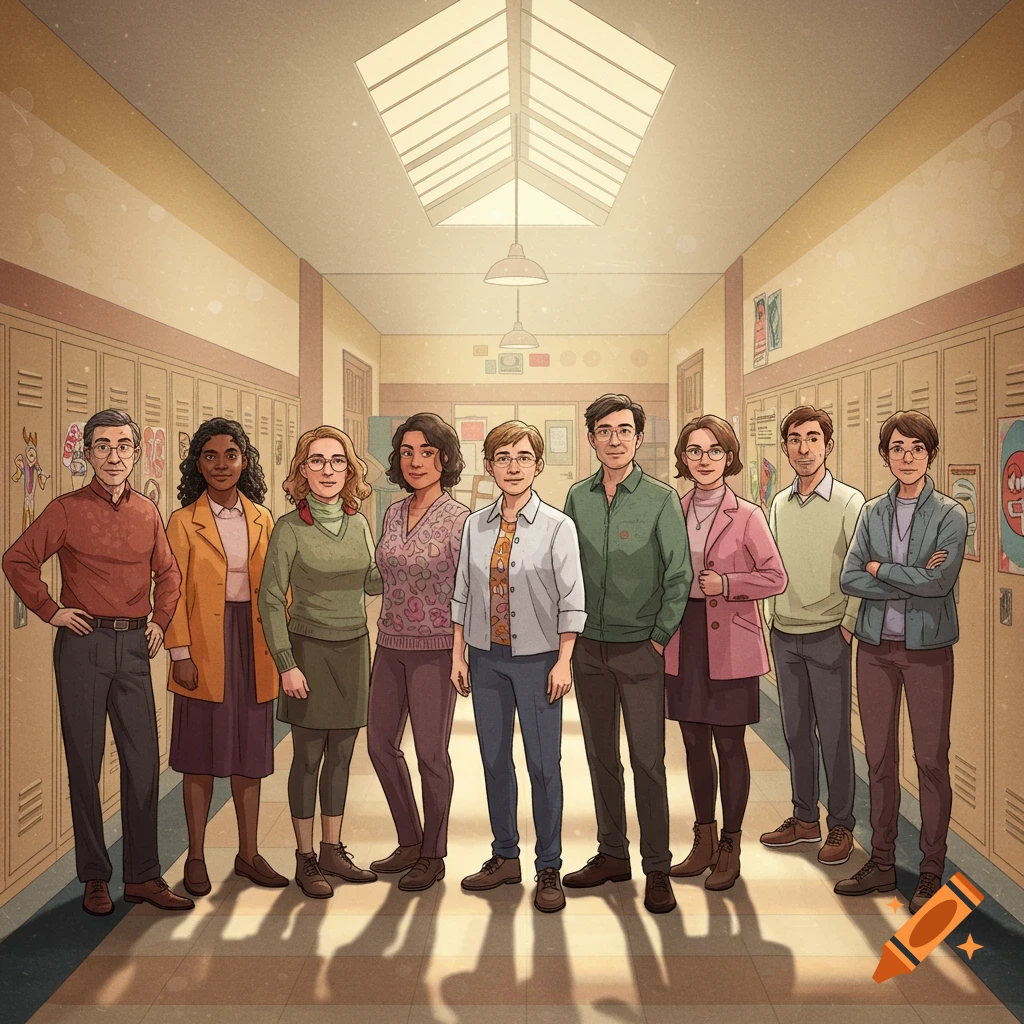 Eight diverse teachers are standing in a school hallway.