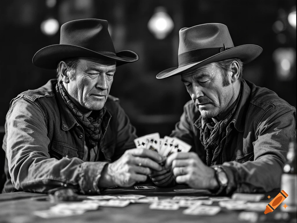 Two men in cowboy hats playing cards at a table in a black and white photo.