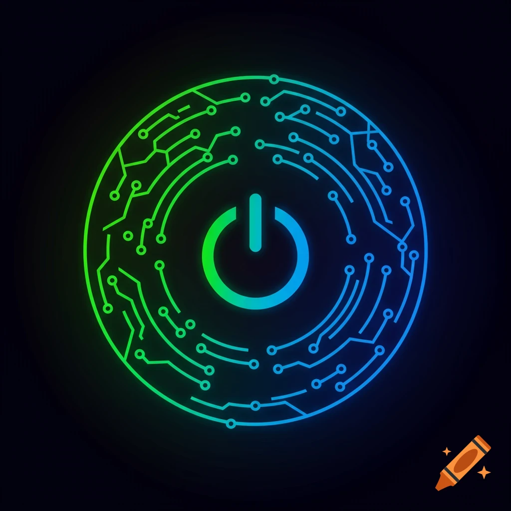Circular circuit board motif with a gradient power button icon in the center.