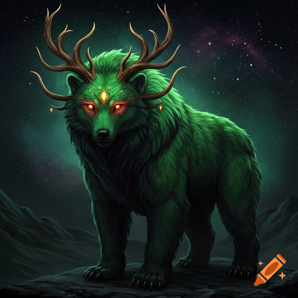 A large green fantasy creature with multiple antlers and glowing red eyes standing on a rock under a starry sky.