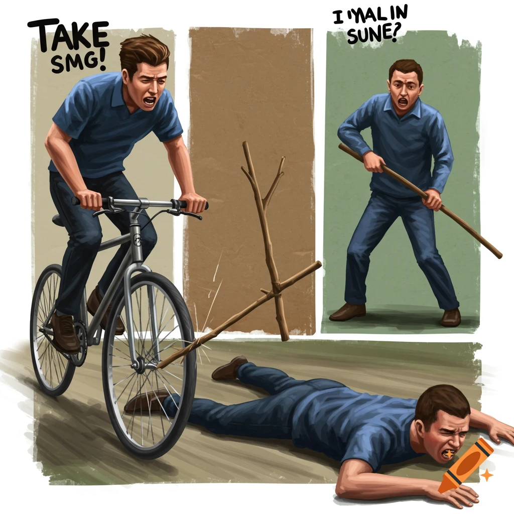 Digital illustration in 3 panels: man bikes, man puts stick in wheel, man falls in pain.