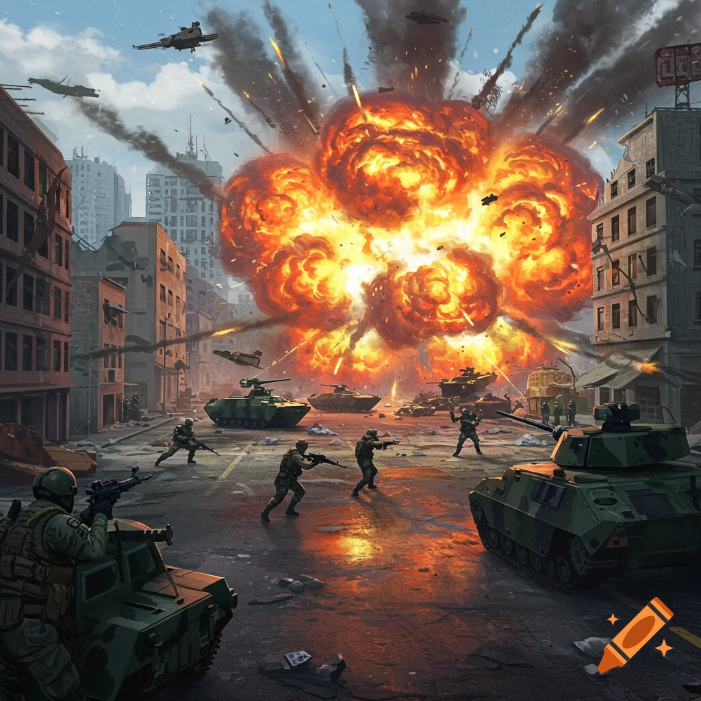 A military battle in a city street with soldiers, tanks, aircraft, and a large explosion.