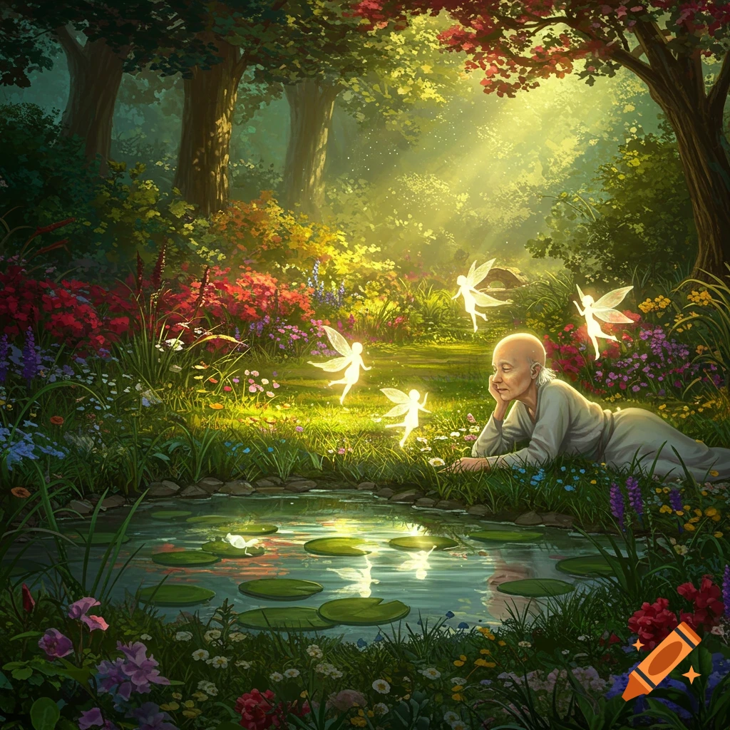 A bald person is lying by a pond in a forest watching glowing fairies.