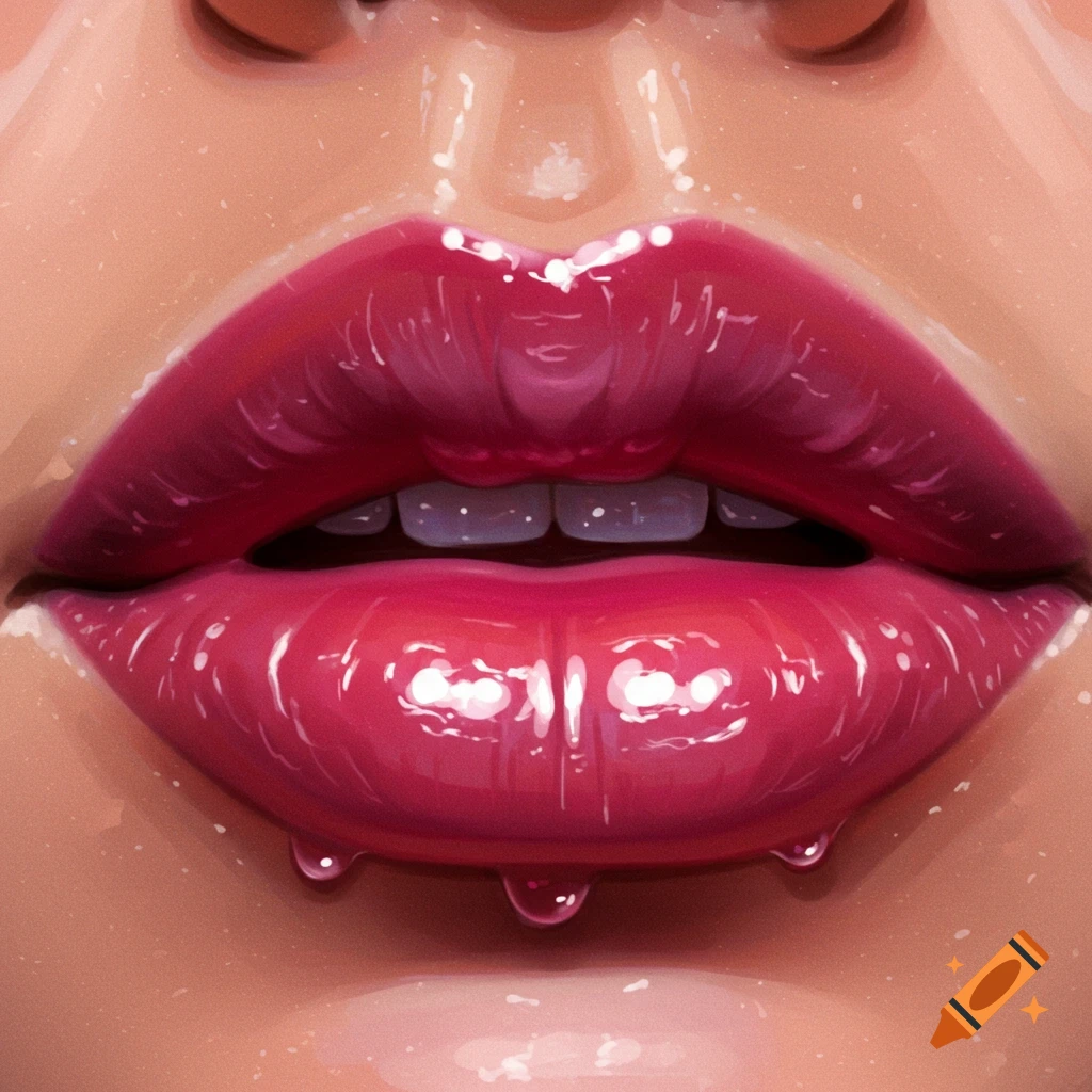 Close-up of glossy pink lips with droplets.