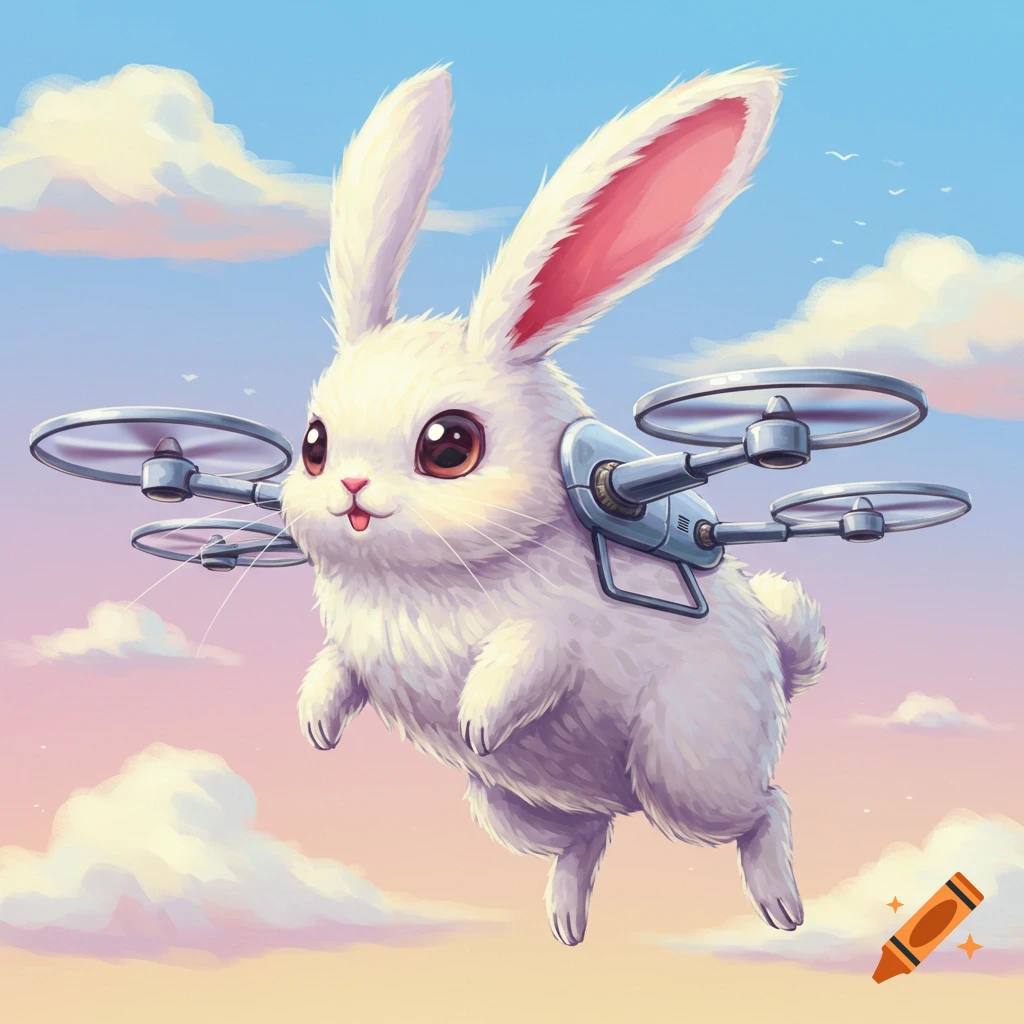 A cute white bunny with drone propellers attached to its back flies through a cloudy sky.