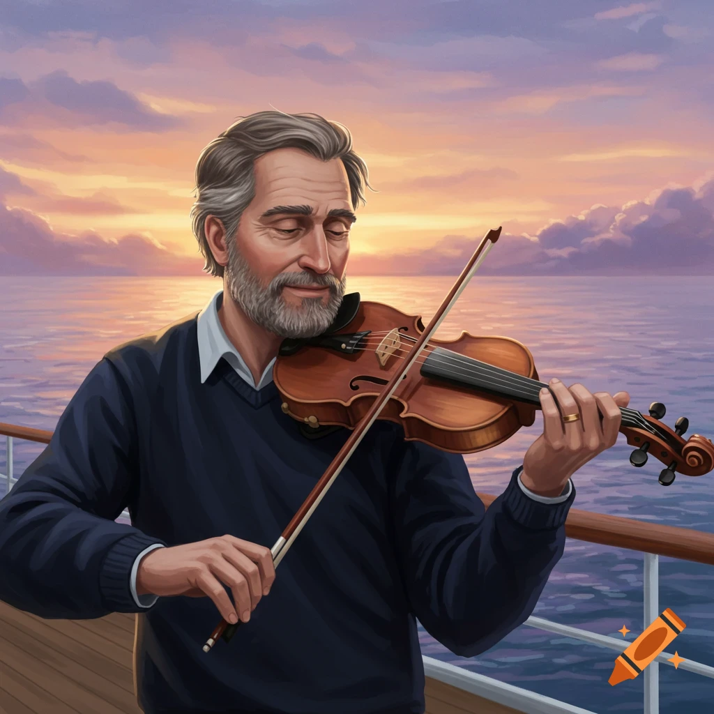 A man playing a violin on a cruise ship deck at sunset.