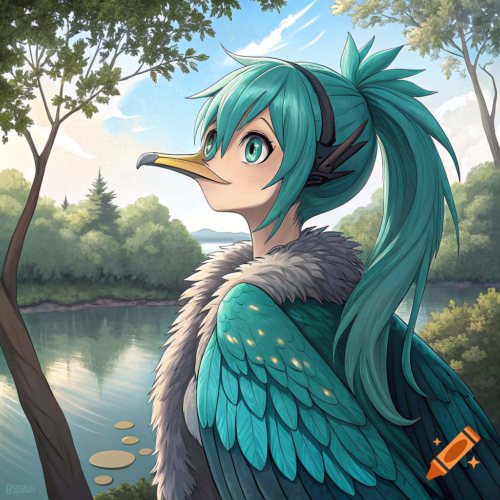 Anime fantasy character with teal hair and bird features by a lake