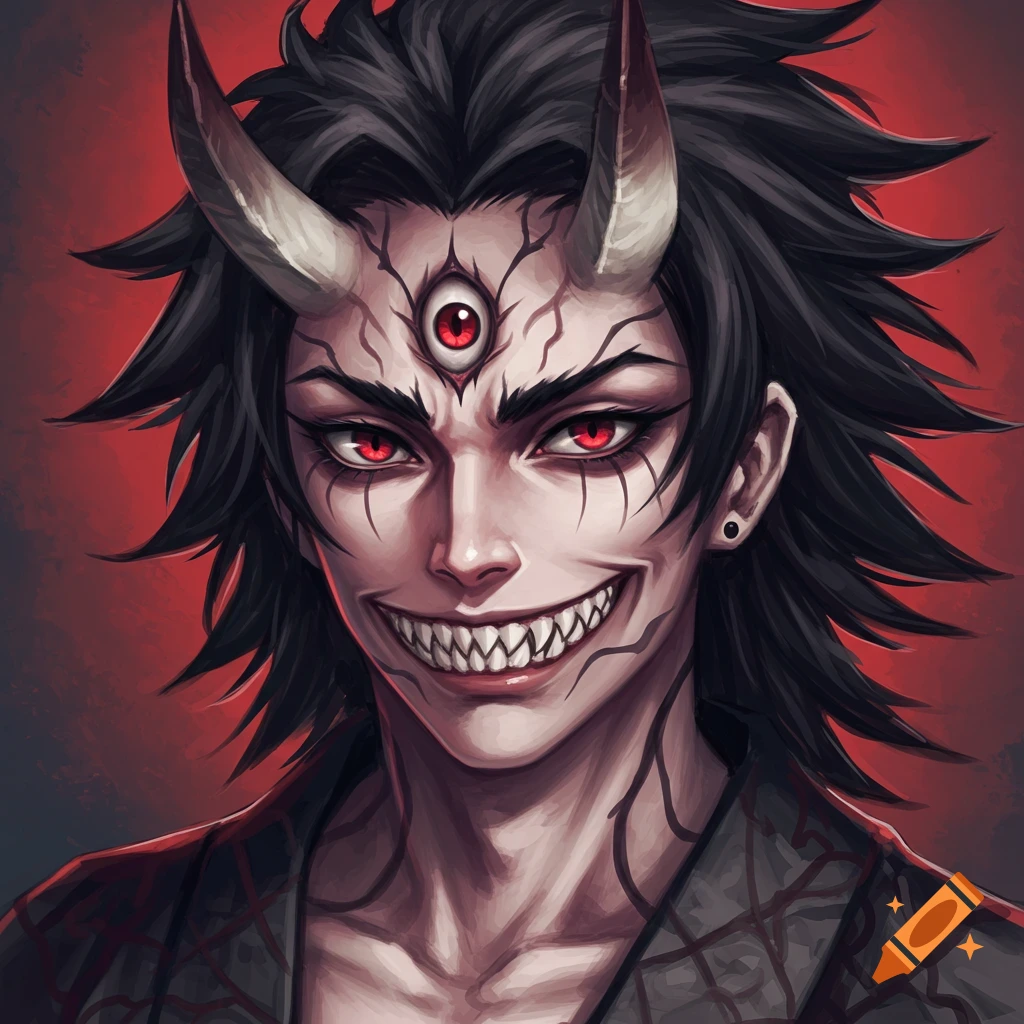 Anime-style portrait of a demon character with horns, third eye, red eyes, and sharp teeth.