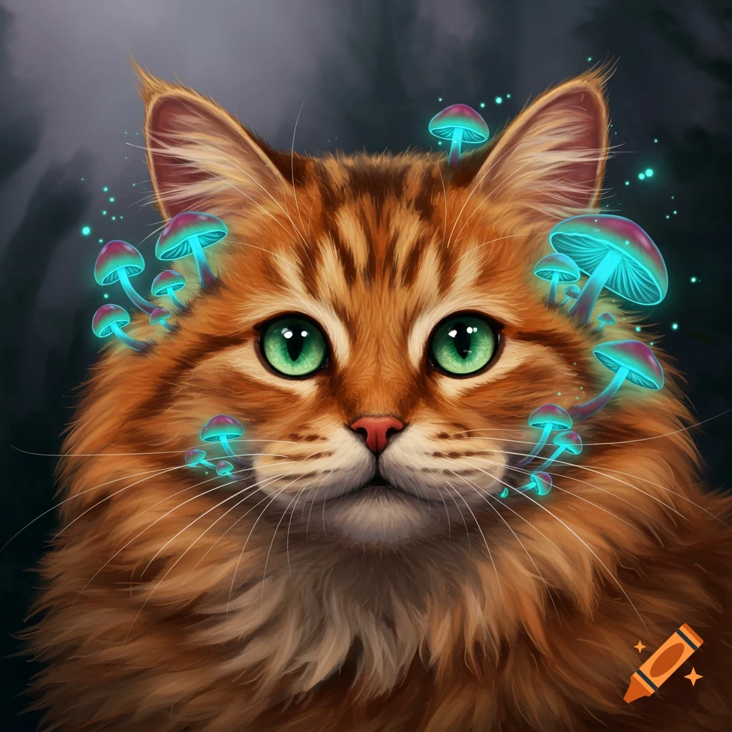 An orange cat with glowing blue and pink mushrooms growing around its head.