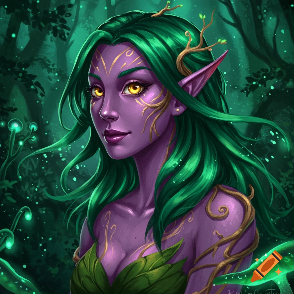 A purple-skinned fantasy character with green hair in a forest.