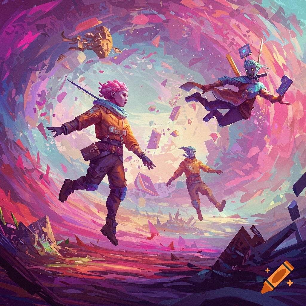 Three figures floating in a colorful, surreal dimensional space.