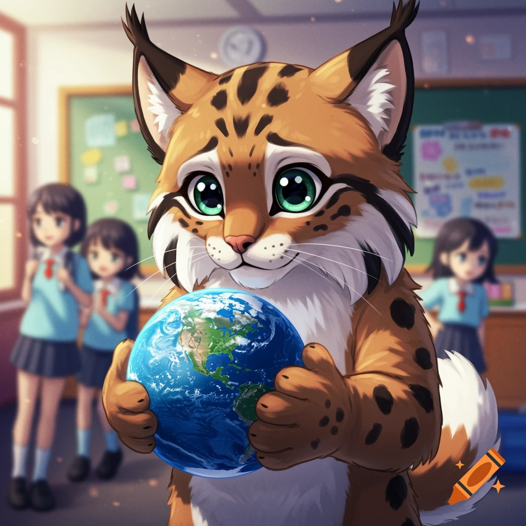 A cartoon lynx mascot with big green eyes holds a globe in a classroom in anime style.