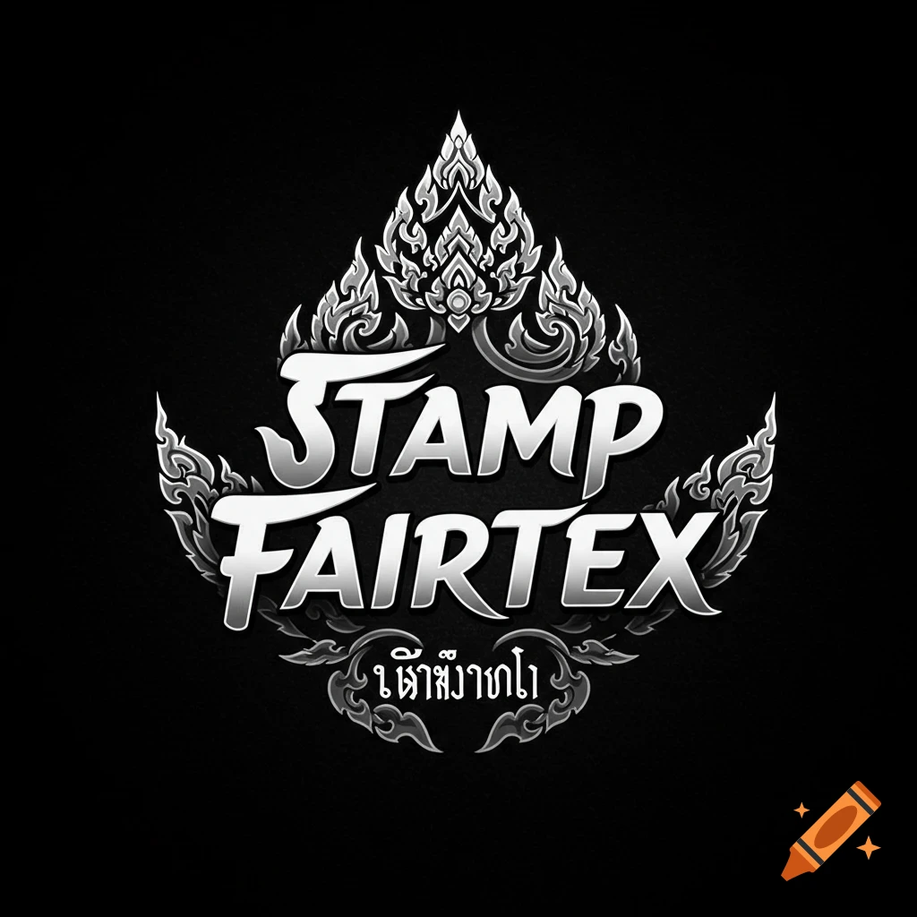 Logo for STAMP FAIRTEX with Thai art elements in silver on black background.