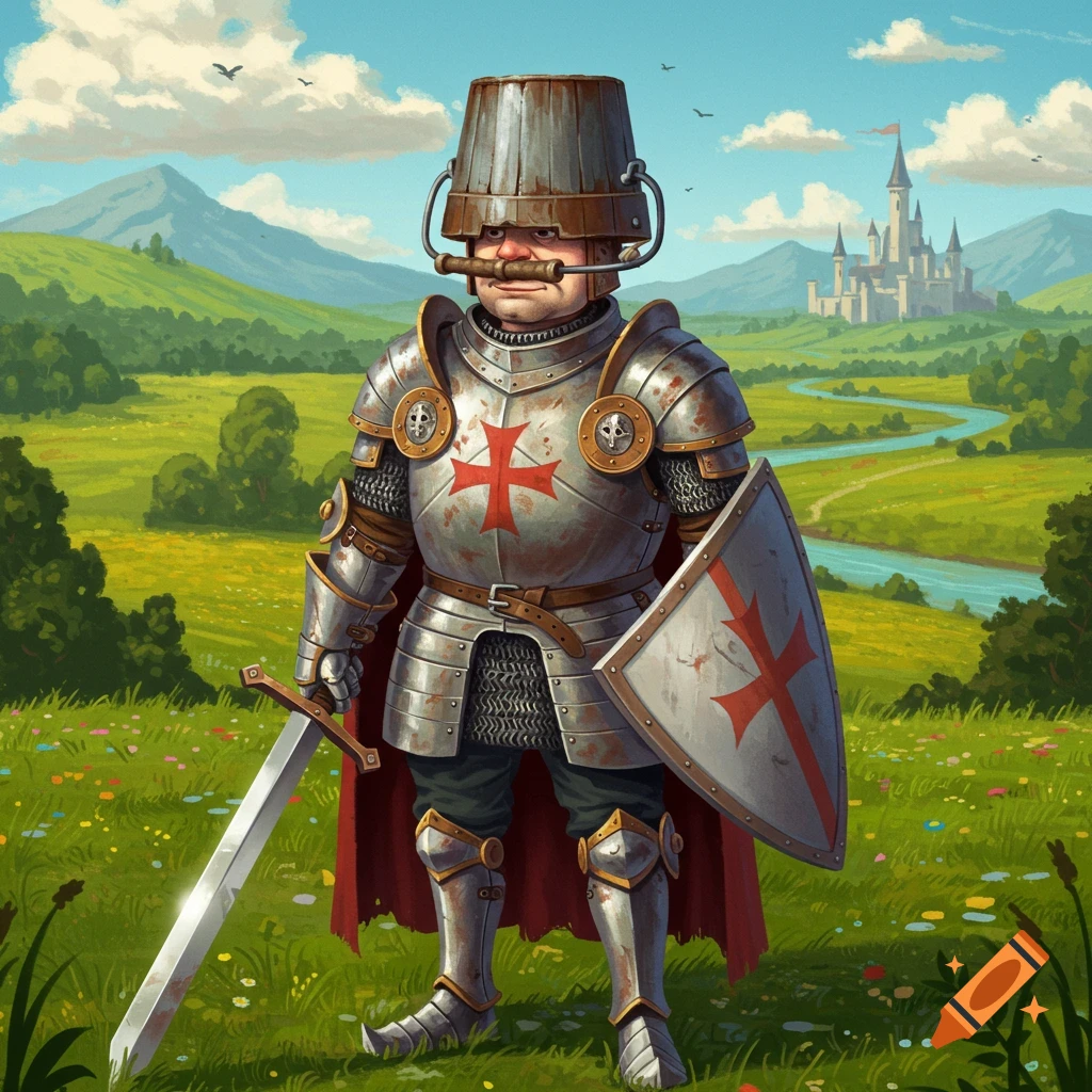 A cartoonish knight wearing a bucket helmet stands in a grassy field with a sword and shield, a castle and mountains in the background.