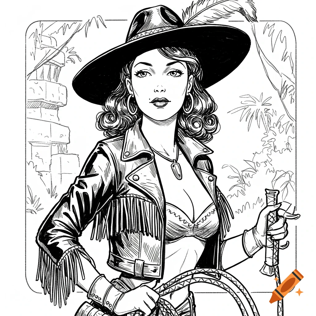 Black and white line art of a woman adventurer in a hat and leather jacket, holding a whip in a jungle ruin setting.