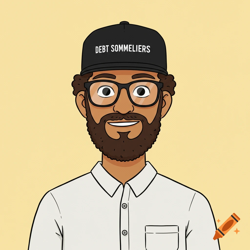 A cartoon portrait of a man with a beard and glasses, wearing a white shirt and a black cap that says "DEBT SOMMELIERS".