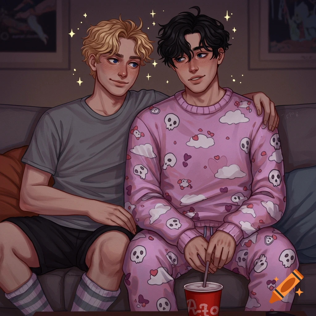 Digital art of two young men in pyjamas sitting close on a couch watching something, with a cup in the foreground.