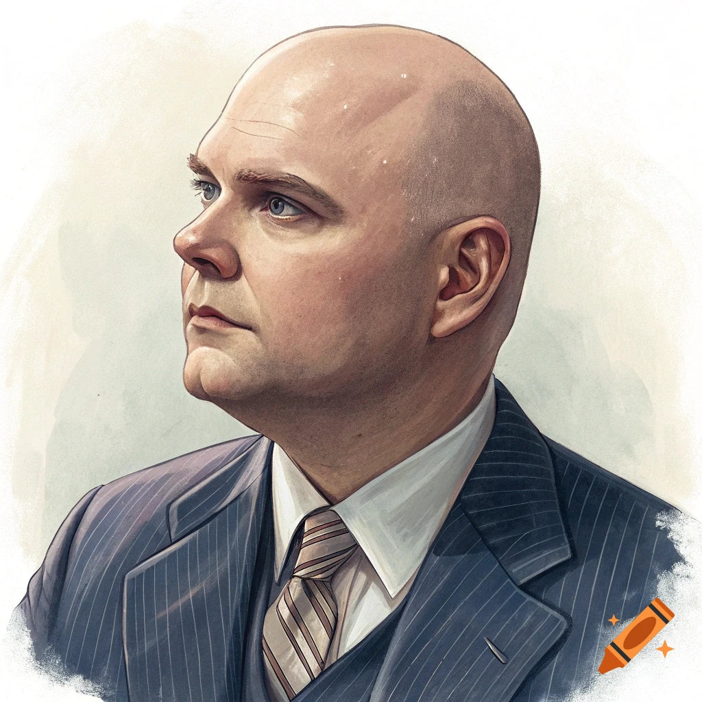 Illustration portrait of a bald man in a pinstripe suit looking left.