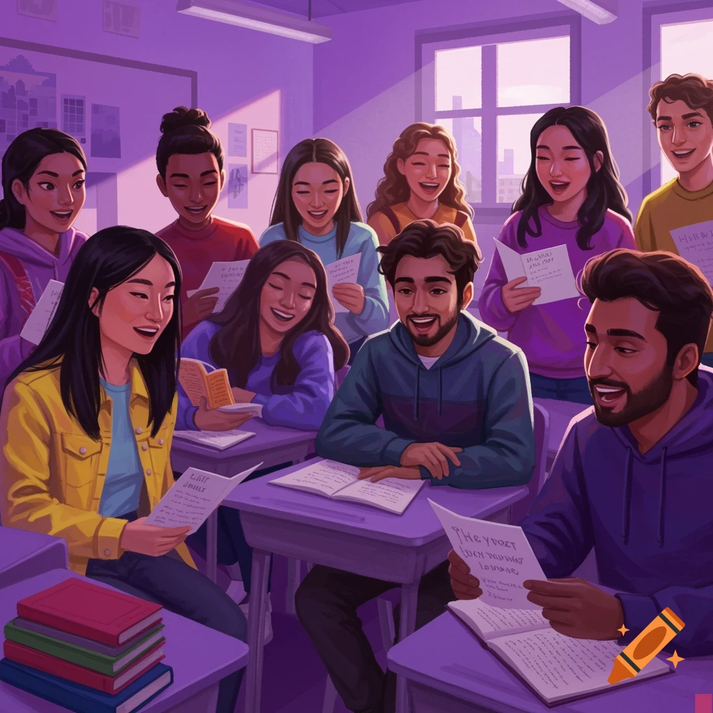 Diverse students reading poems in a classroom.