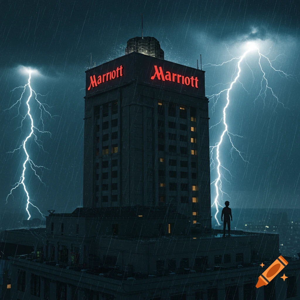 A person stands on a building roof during a thunderstorm with lightning striking.