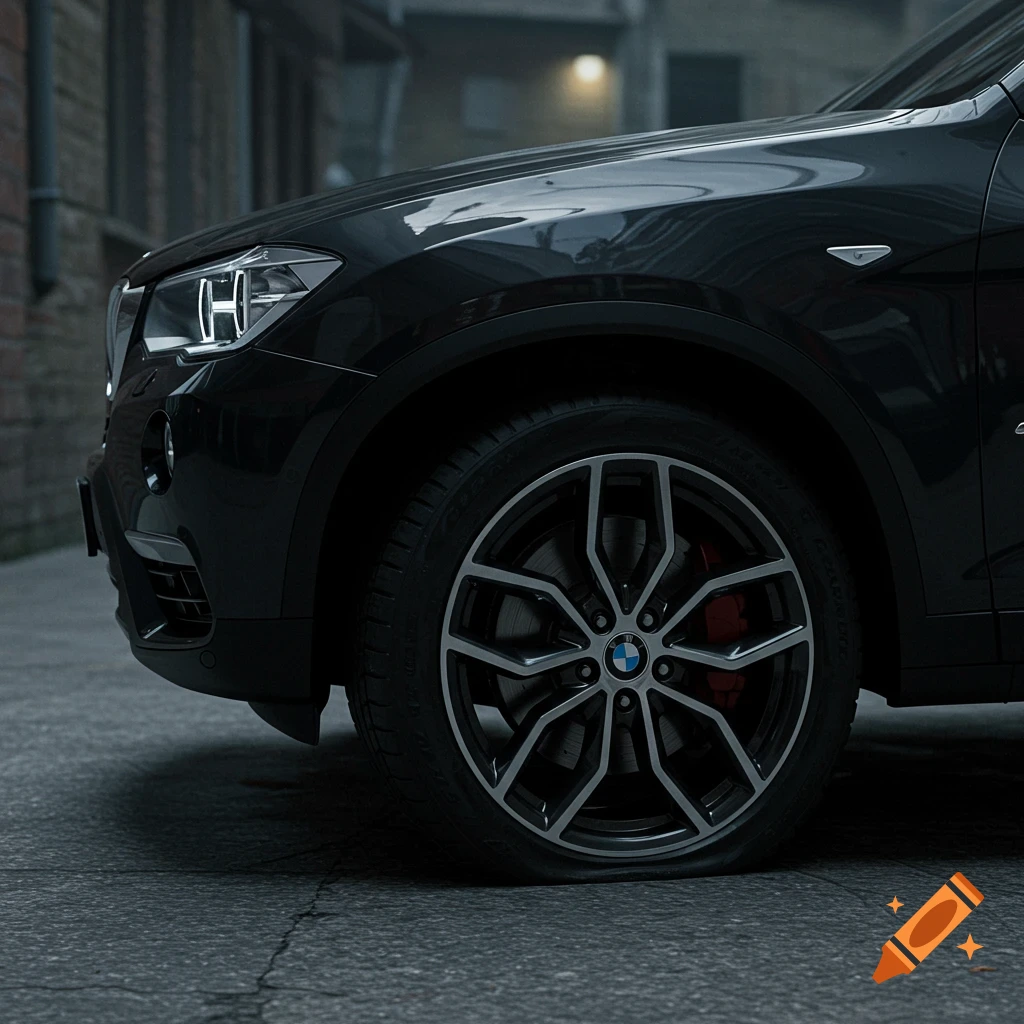A black BMW X3 with a flat tire parked on a street.