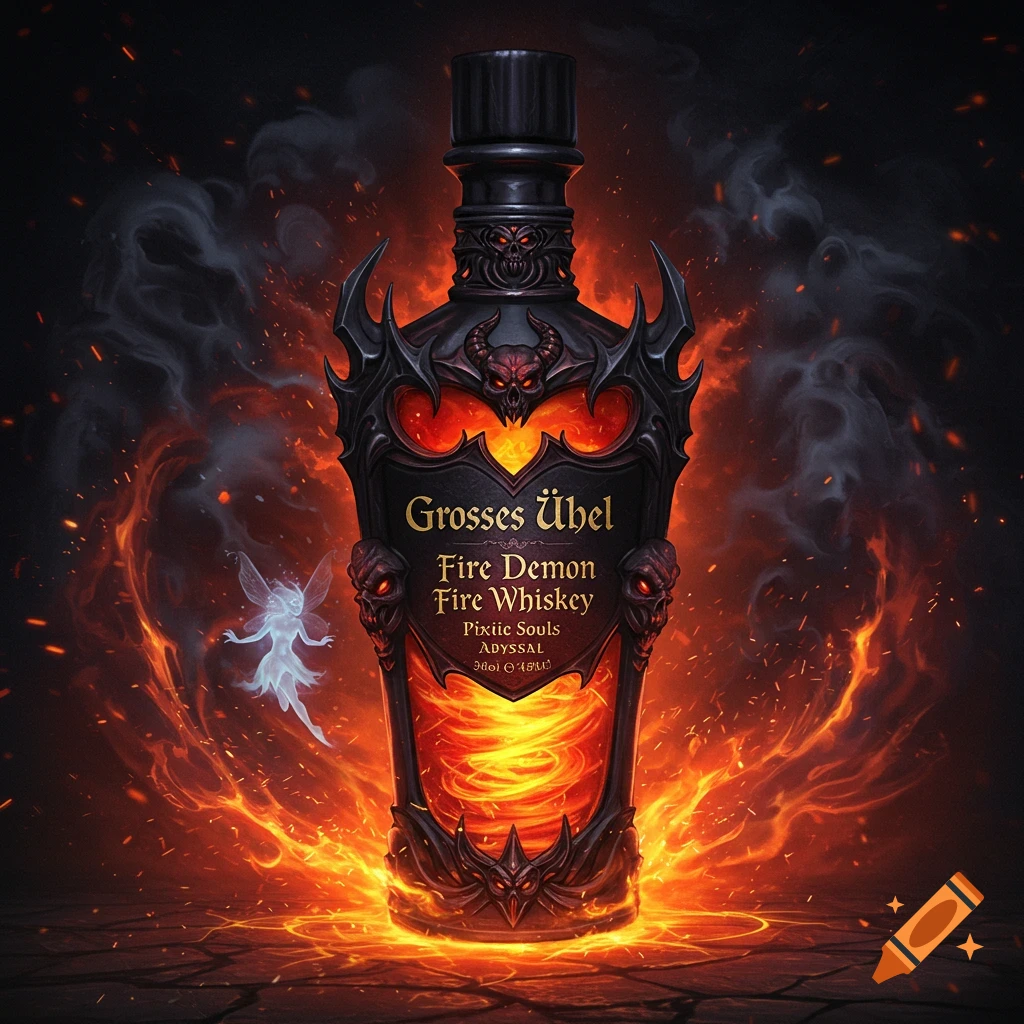 A dark, demonic-looking bottle surrounded by fire and smoke, with a glowing fairy nearby.