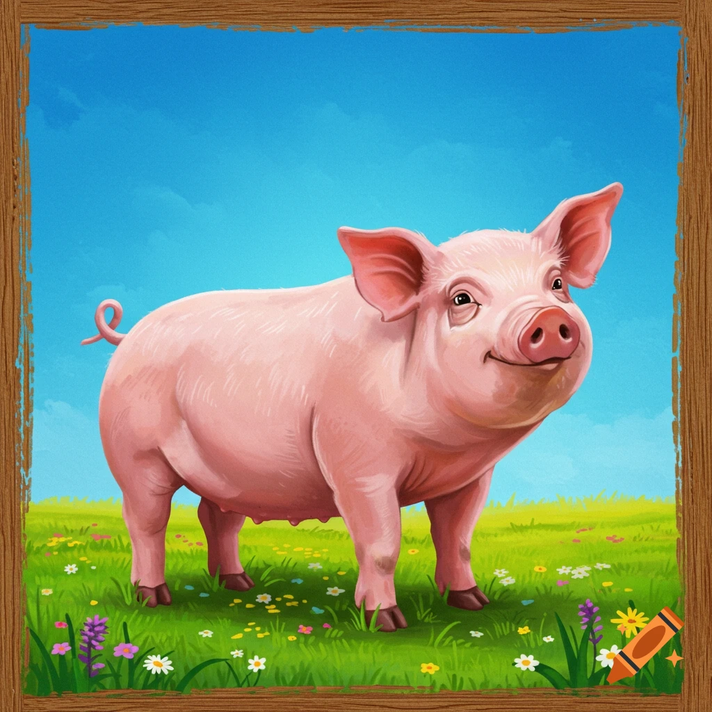 A pink pig standing in a grassy field with flowers.