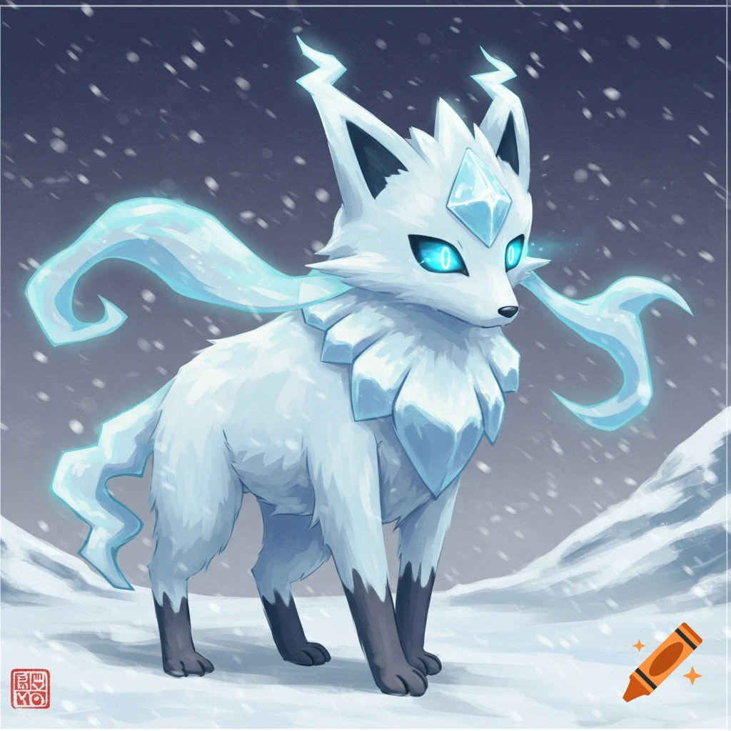 a white fox-like ice/ghost type Pok
m

m



m
emon creature standing in a snowy landscape.