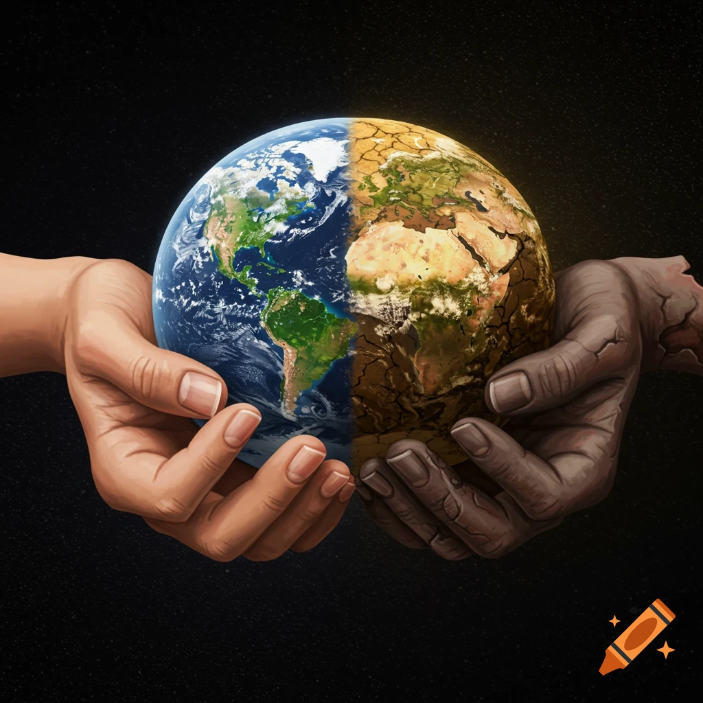 Hands holding Earth split between healthy green and dry cracked sides.