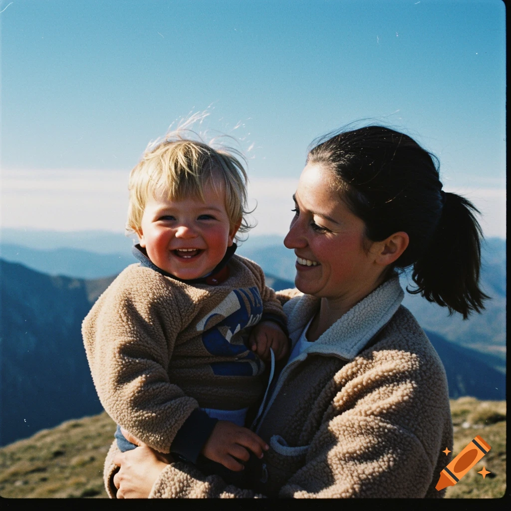 A mother holds a happy baby boy on a mountain peak, captured in a 90s film style photo.