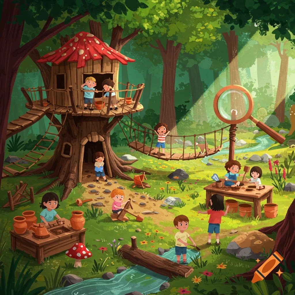 Children are playing in and around a treehouse in a forest.