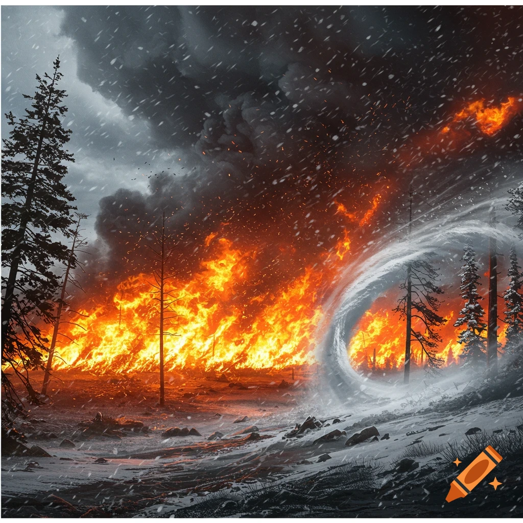 A forest fire rages under a dark, stormy sky with snow falling and a swirling snow vortex.