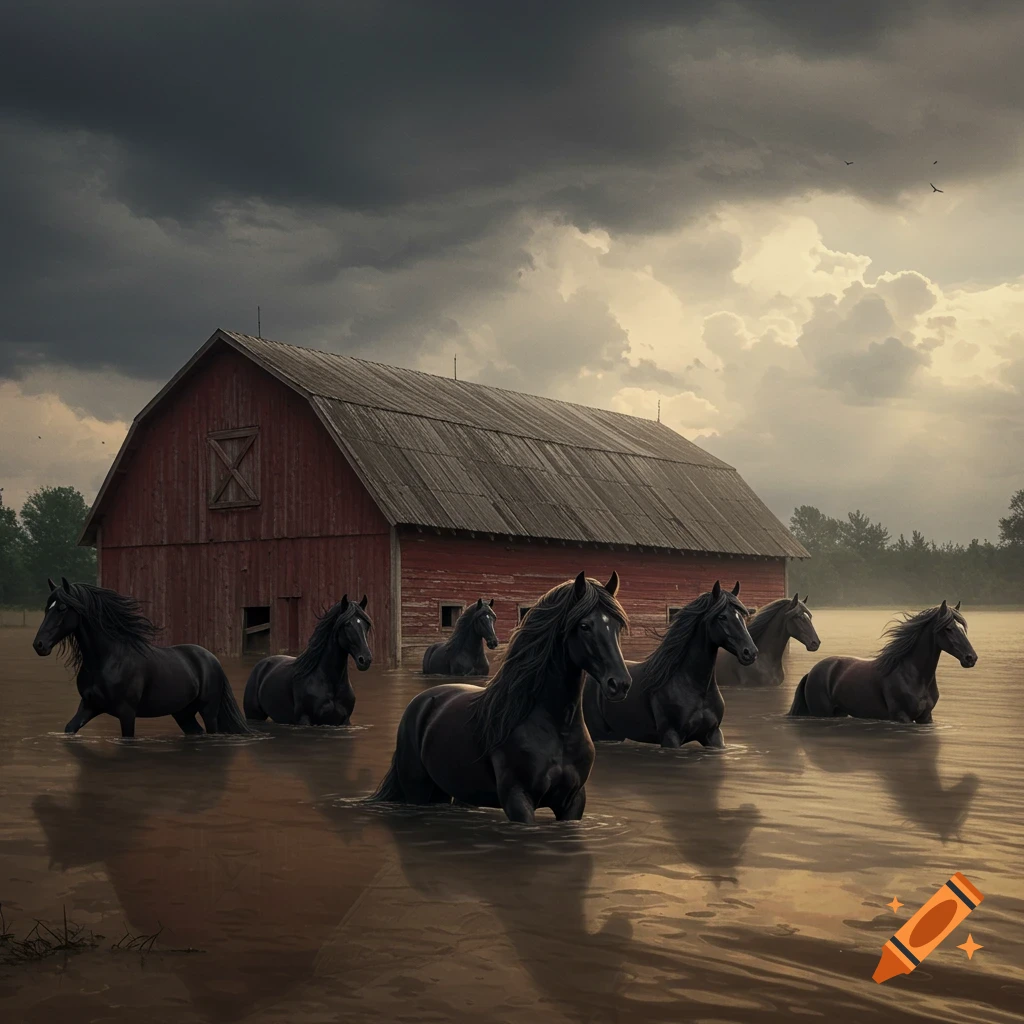 Black Friesian horses stand in floodwater in front of a red barn under a stormy sky