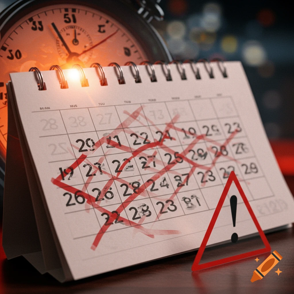 A calendar with dates crossed out, a stopwatch in the background, and a red warning sign in the foreground. Photorealistic.