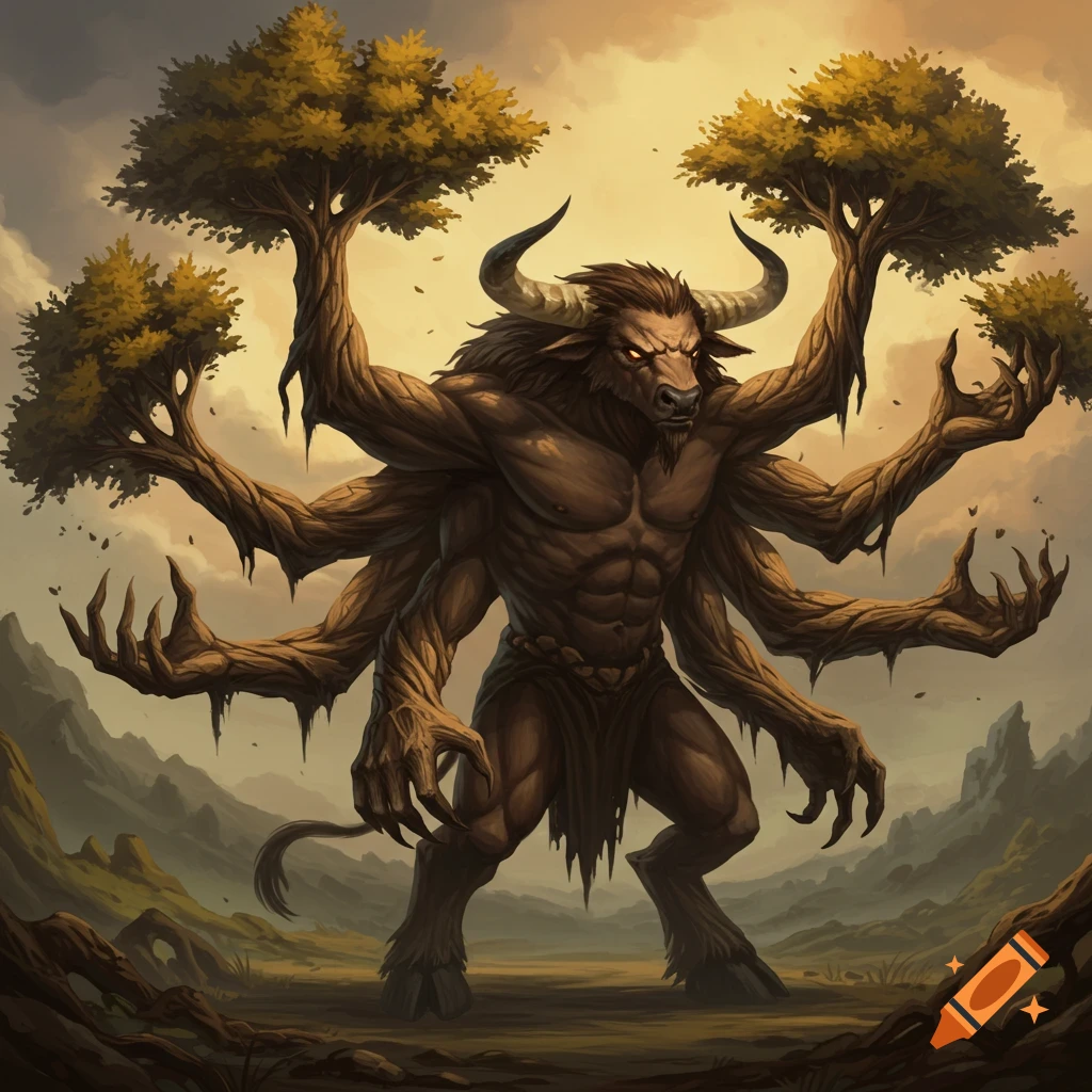Minotaur with eight tree arms ending in trees, standing in a landscape.