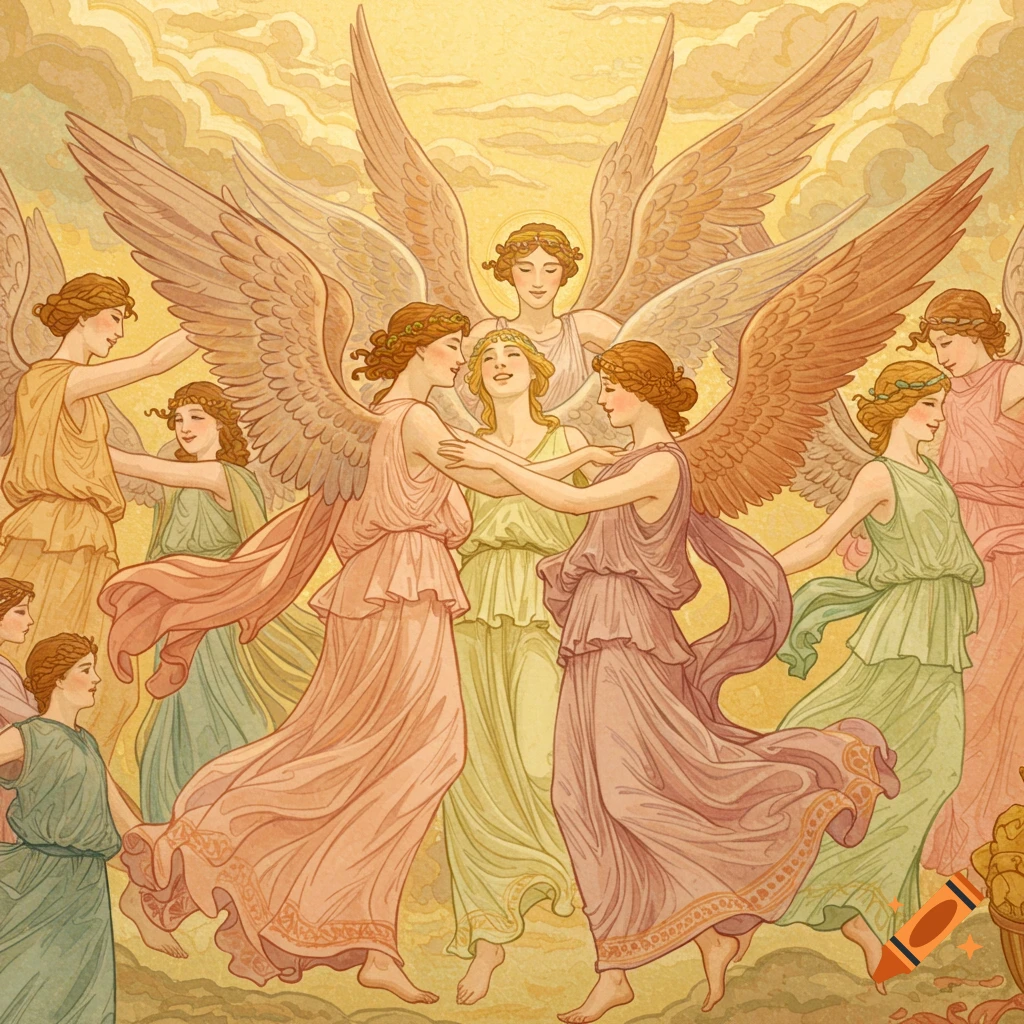 A group of winged figures in a classical style dance together.