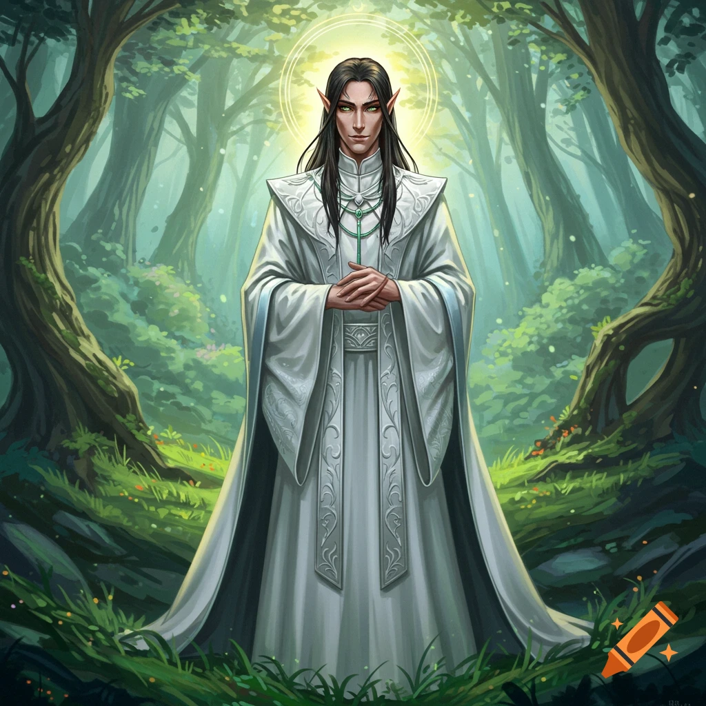 Image of an elven priest with dark hair and green eyes wearing white robes in a forest clearing.